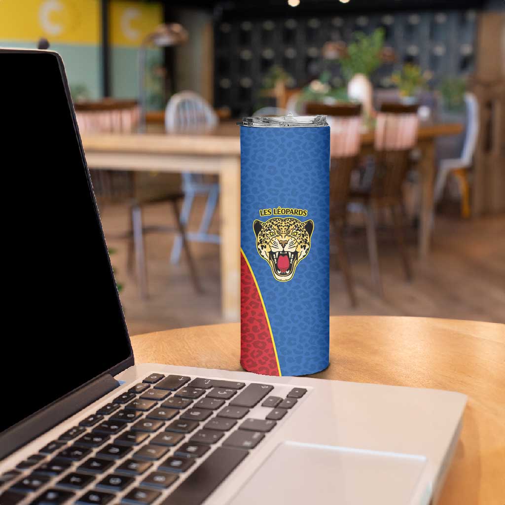 Africa DR Congo Football Custom Skinny Tumbler Blue Leopard Skin Pattern - African Pride