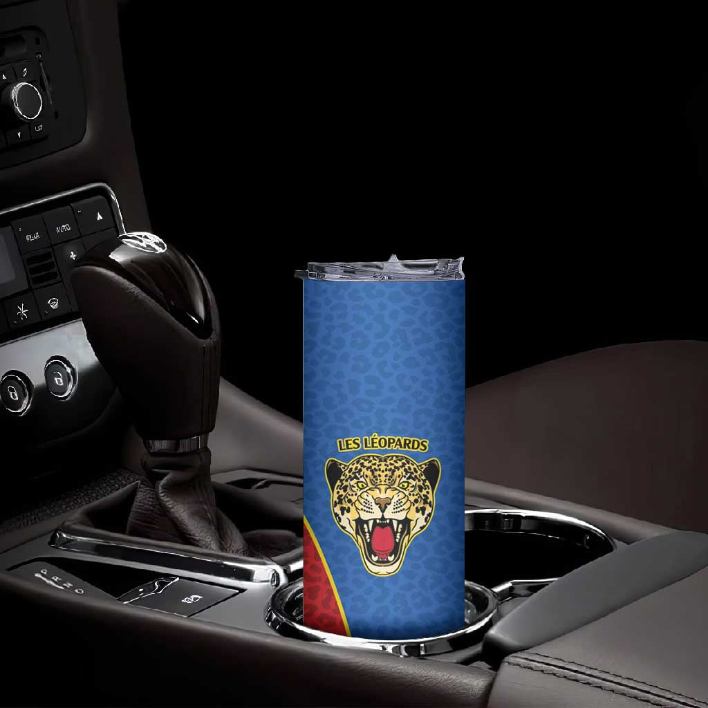 Africa DR Congo Football Custom Skinny Tumbler Blue Leopard Skin Pattern - African Pride