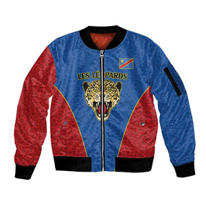 Africa DR Congo Football Custom Sleeve Zip Bomber Jacket Blue Leopard Skin Pattern - African Pride