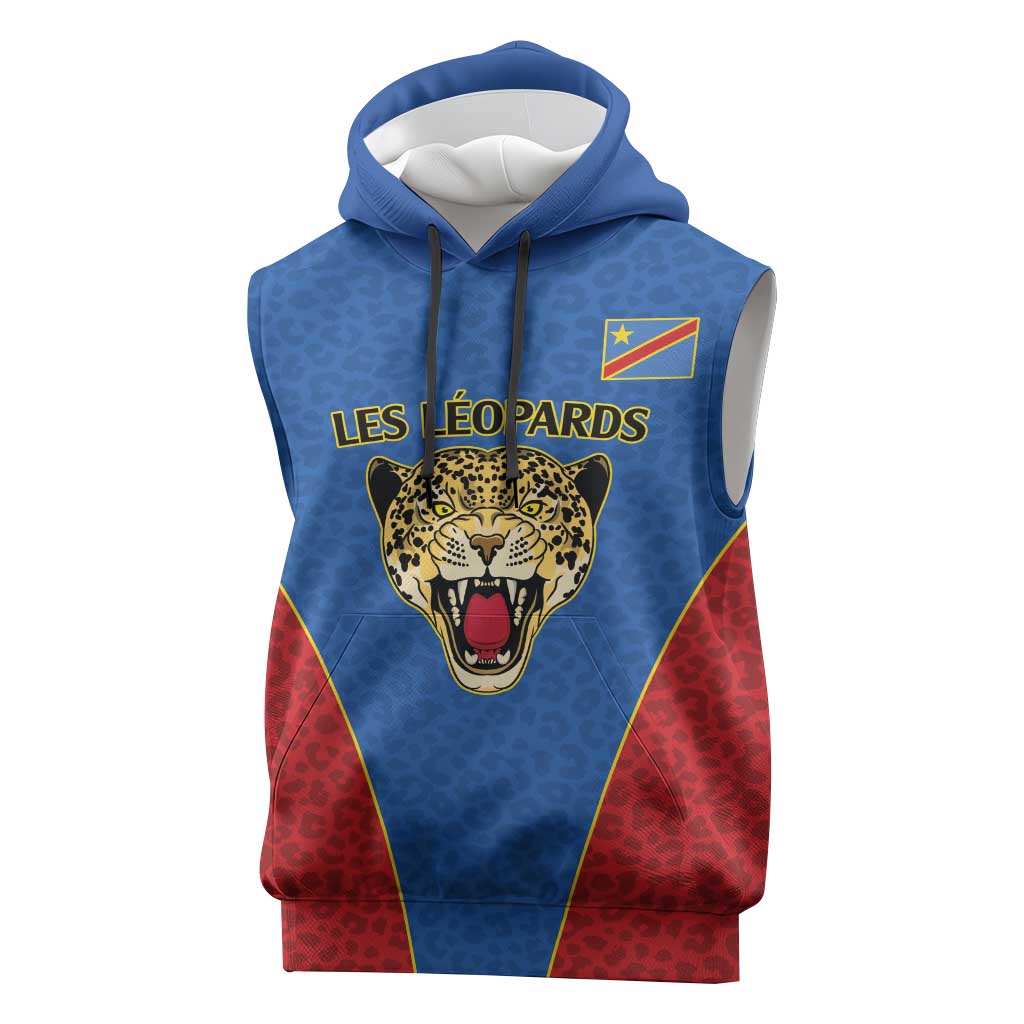 Africa DR Congo Football Custom Sleeveless Hoodie Blue Leopard Skin Pattern - African Pride