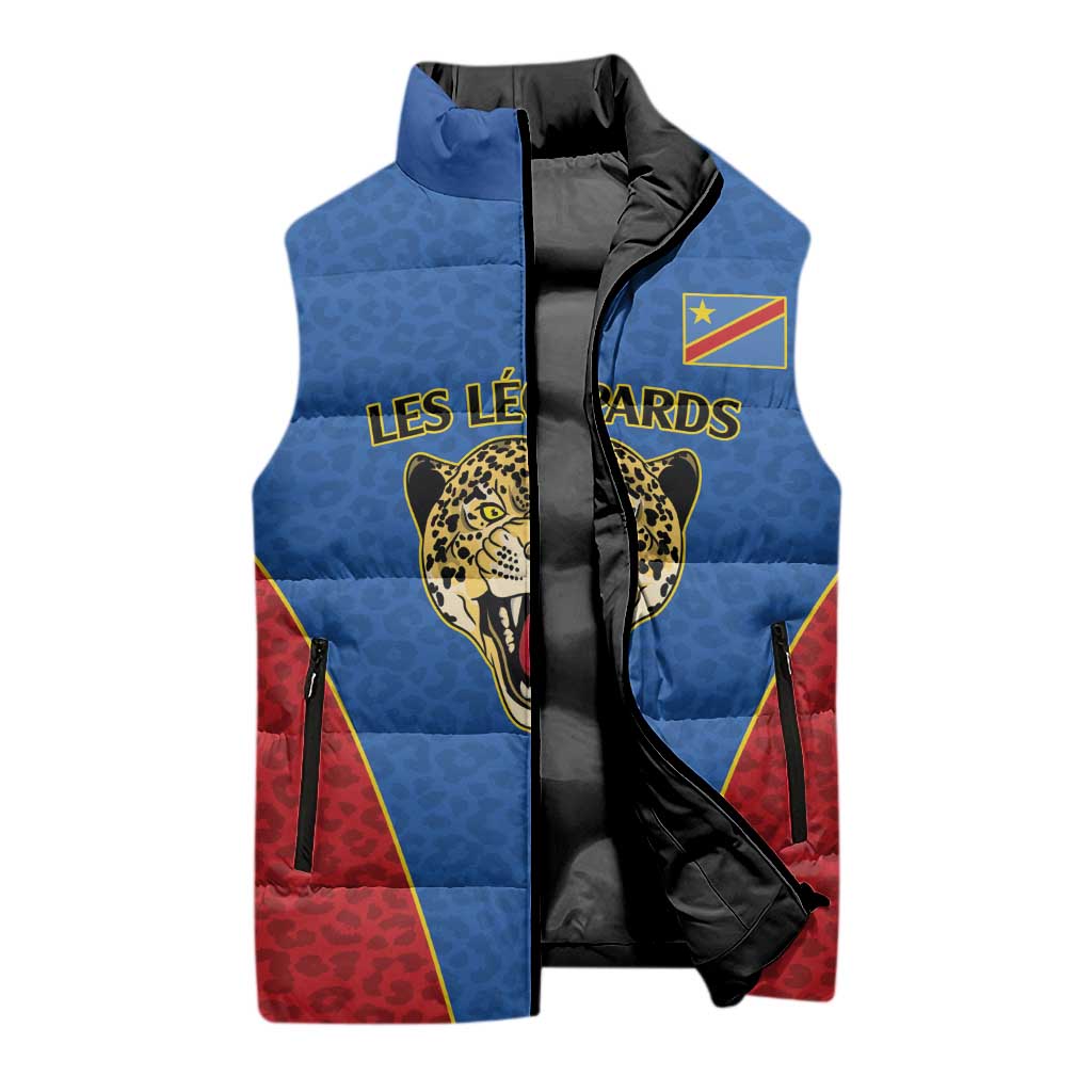 Africa DR Congo Football Custom Sleeveless Puffer Jacket Blue Leopard Skin Pattern