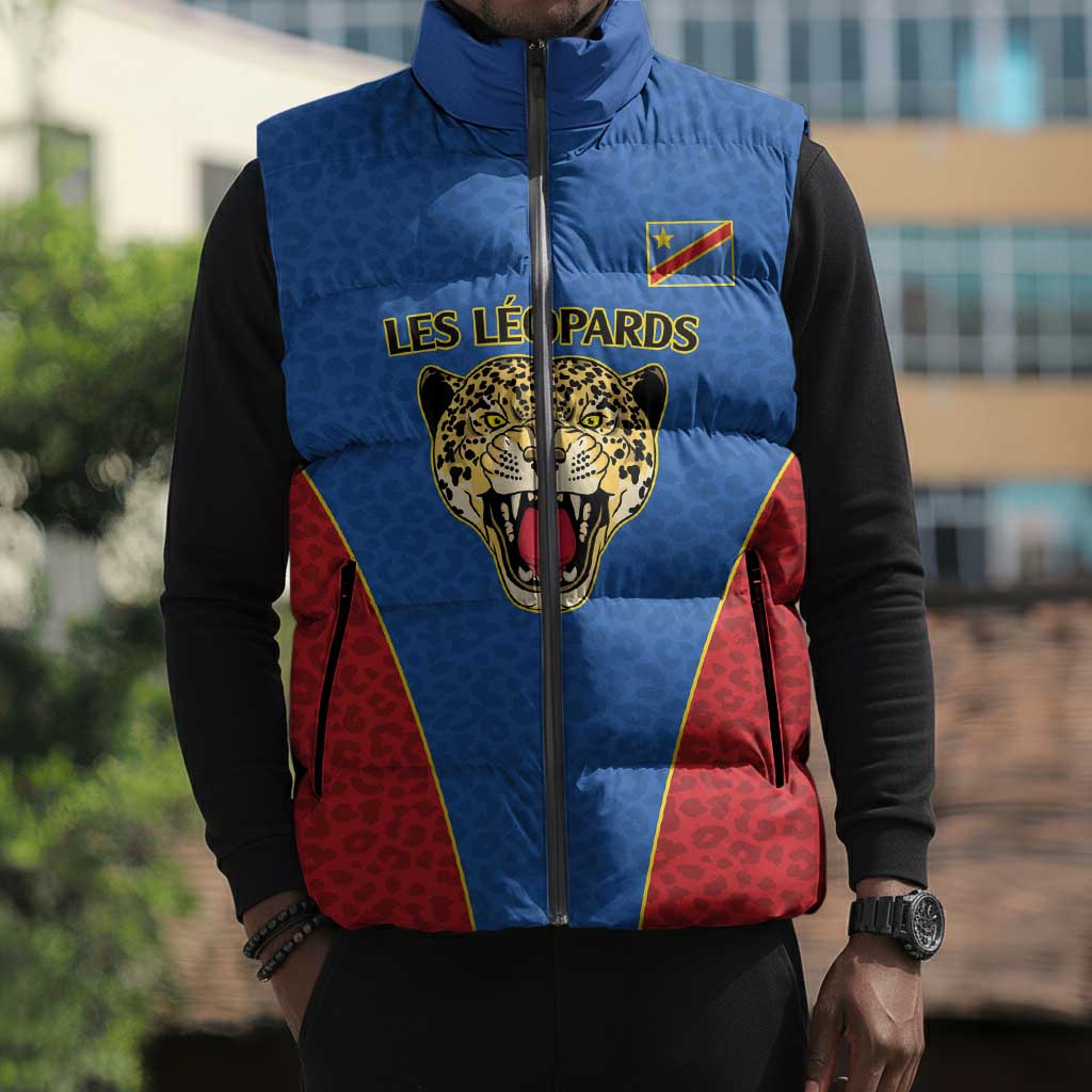 Africa DR Congo Football Custom Sleeveless Puffer Jacket Blue Leopard Skin Pattern