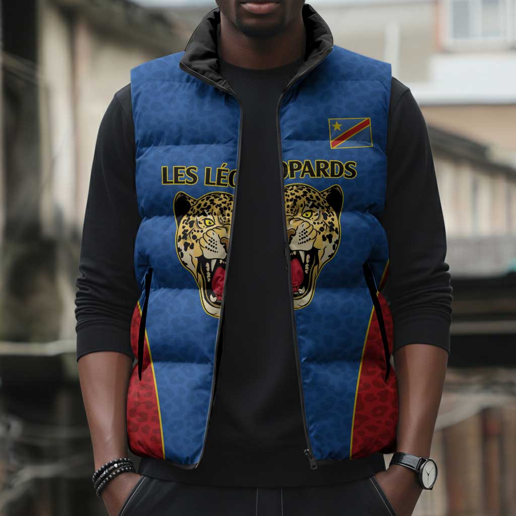 Africa DR Congo Football Custom Sleeveless Puffer Jacket Blue Leopard Skin Pattern