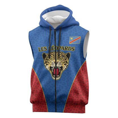 Africa DR Congo Football Custom Sleeveless Zip Hoodie Blue Leopard Skin Pattern - African Pride