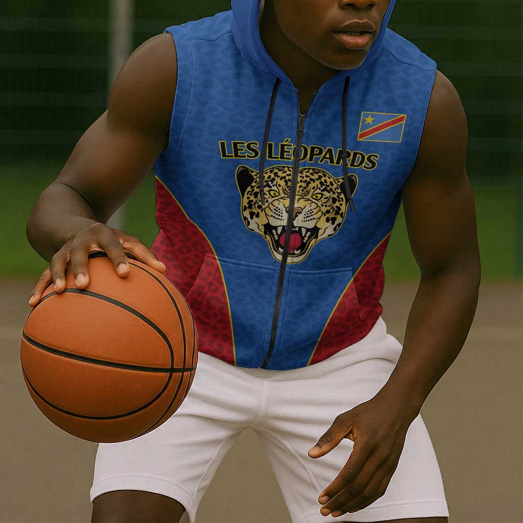 Africa DR Congo Football Custom Sleeveless Zip Hoodie Blue Leopard Skin Pattern - African Pride
