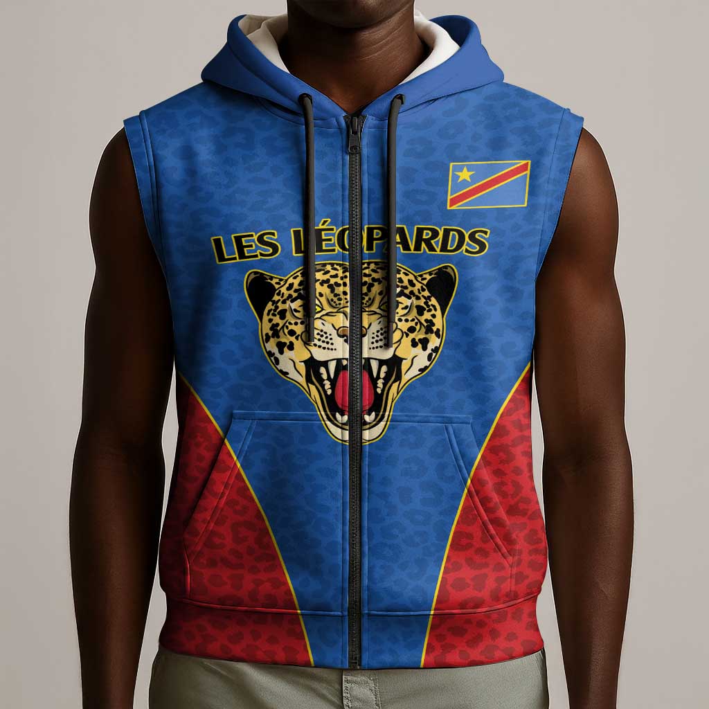 Africa DR Congo Football Custom Sleeveless Zip Hoodie Blue Leopard Skin Pattern - African Pride