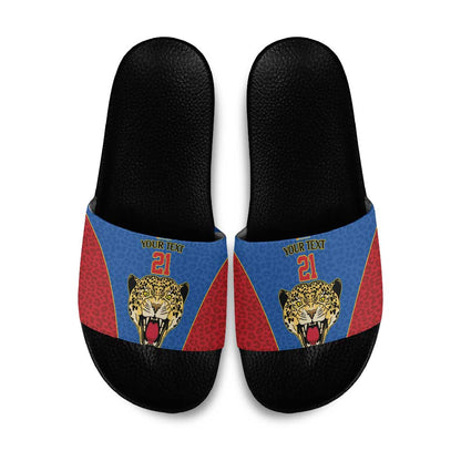 Africa DR Congo Football Custom Slide Sandals Blue Leopard Skin Pattern