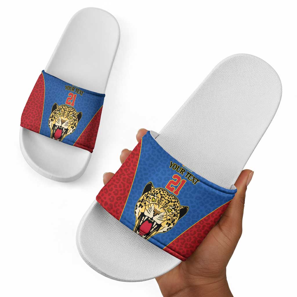 Africa DR Congo Football Custom Slide Sandals Blue Leopard Skin Pattern