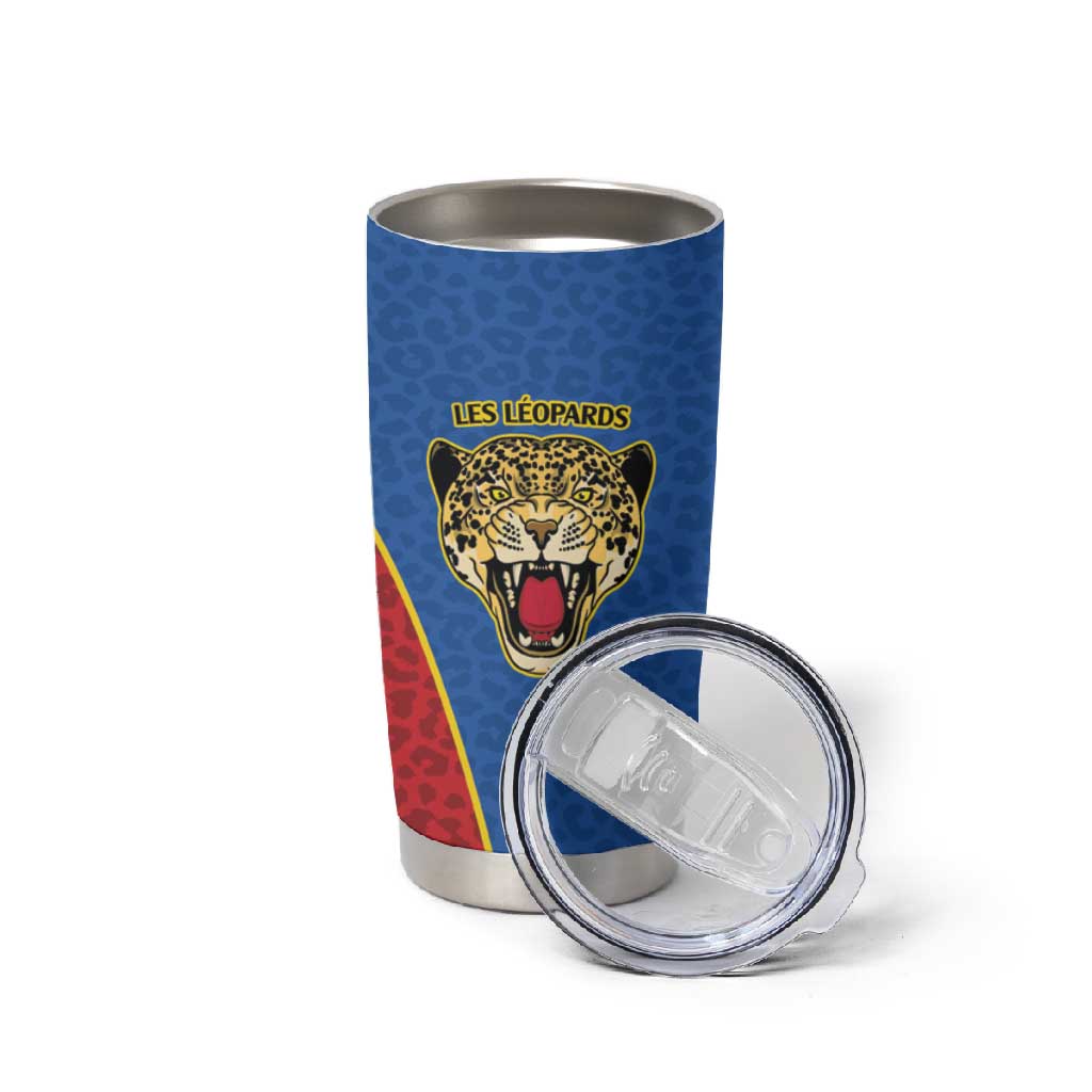 Africa DR Congo Football Custom Tumbler Cup Blue Leopard Skin Pattern - African Pride