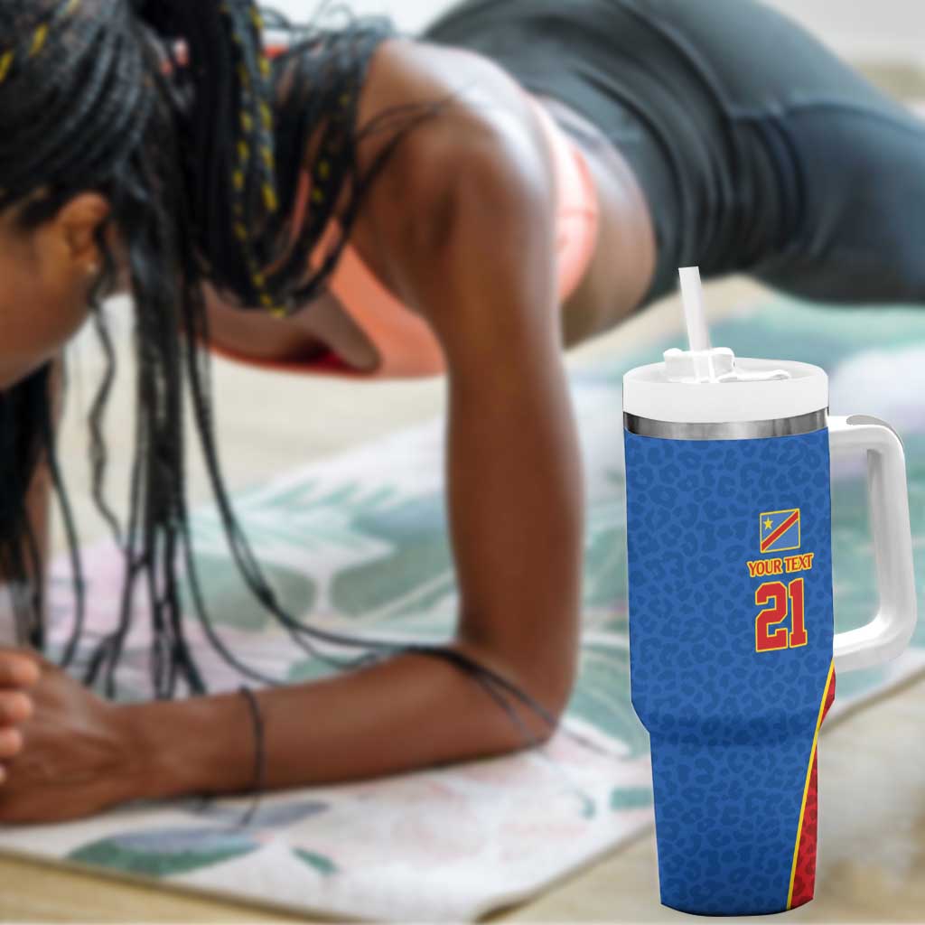 Africa DR Congo Football Custom Tumbler With Handle Blue Leopard Skin Pattern - African Pride