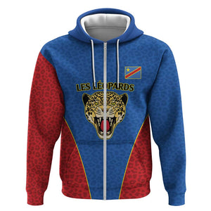 Africa DR Congo Football Custom Zip Hoodie Blue Leopard Skin Pattern - African Pride