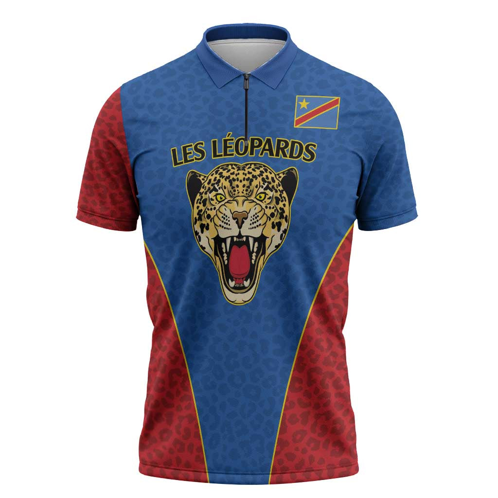 Africa DR Congo Football Custom Zipper Polo Shirt Blue Leopard Skin Pattern
