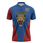 Africa DR Congo Football Custom Zipper Polo Shirt Blue Leopard Skin Pattern