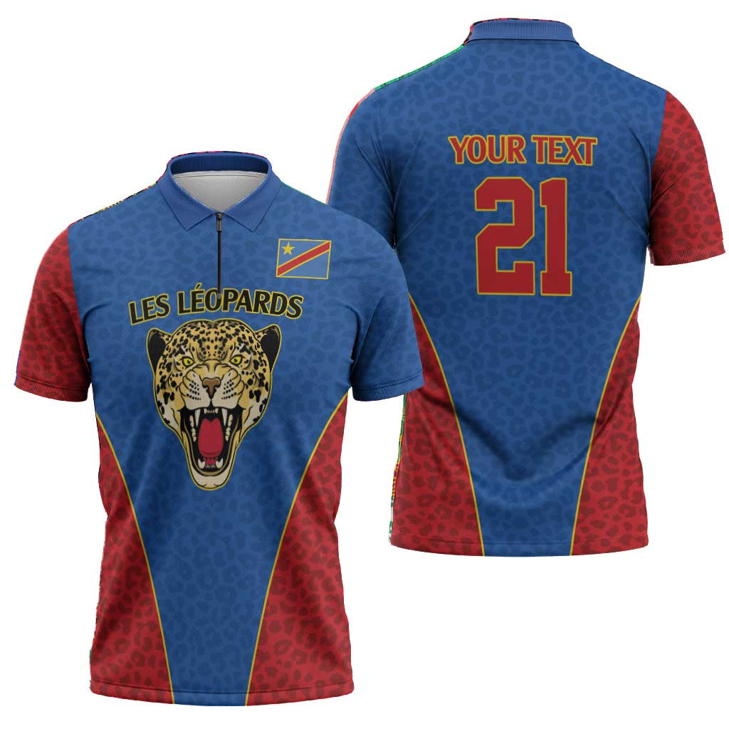 Africa DR Congo Football Custom Zipper Polo Shirt Blue Leopard Skin Pattern