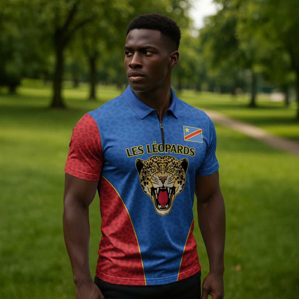 Africa DR Congo Football Custom Zipper Polo Shirt Blue Leopard Skin Pattern