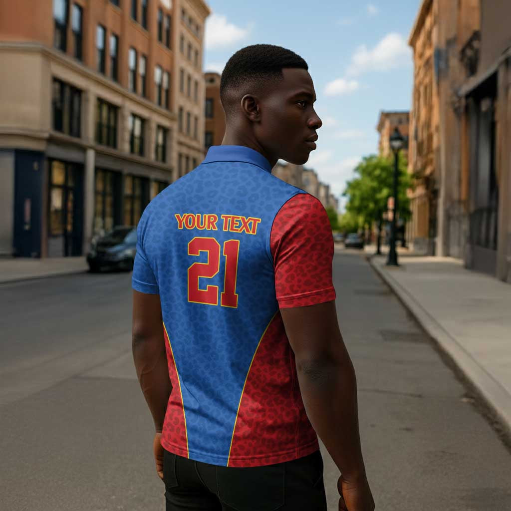 Africa DR Congo Football Custom Zipper Polo Shirt Blue Leopard Skin Pattern