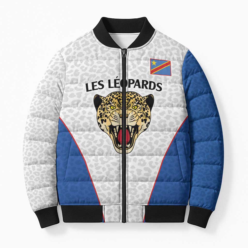 Africa DR Congo Football Custom Bomber Puffer Jacket White Leopard Skin Pattern