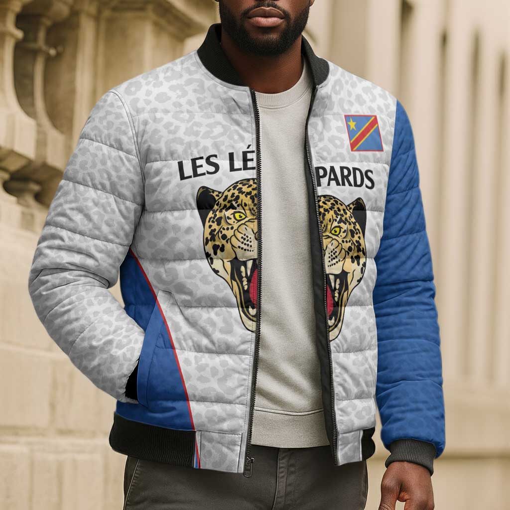 Africa DR Congo Football Custom Bomber Puffer Jacket White Leopard Skin Pattern