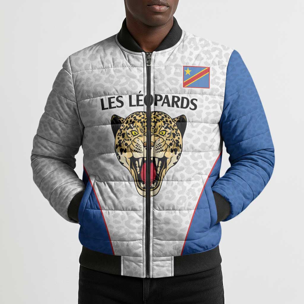 Africa DR Congo Football Custom Bomber Puffer Jacket White Leopard Skin Pattern