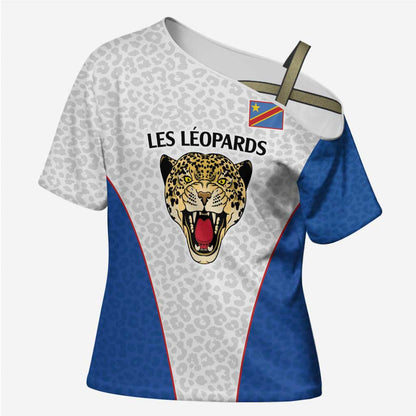 Africa DR Congo Football Custom Cross Shoulder Shirt White Leopard Skin Pattern