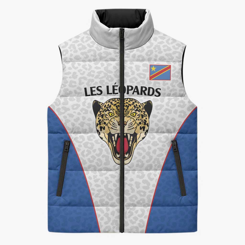 Africa DR Congo Football Custom Sleeveless Puffer Jacket White Leopard Skin Pattern