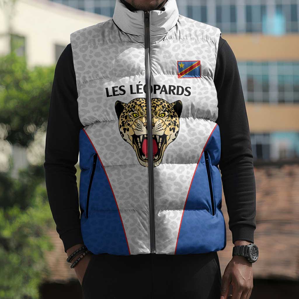 Africa DR Congo Football Custom Sleeveless Puffer Jacket White Leopard Skin Pattern