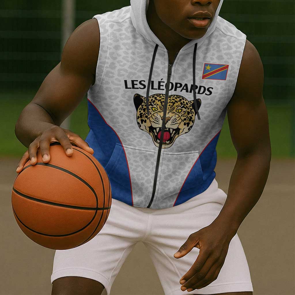 Africa DR Congo Football Custom Sleeveless Zip Hoodie White Leopard Skin Pattern - African Pride