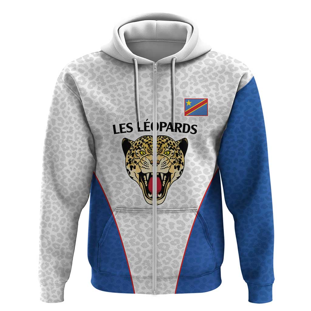 Africa DR Congo Football Custom Zip Hoodie White Leopard Skin Pattern - African Pride