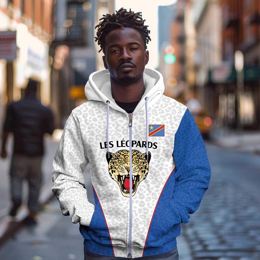 Africa DR Congo Football Custom Zip Hoodie White Leopard Skin Pattern - African Pride