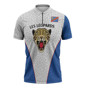 Africa DR Congo Football Custom Zipper Polo Shirt White Leopard Skin Pattern
