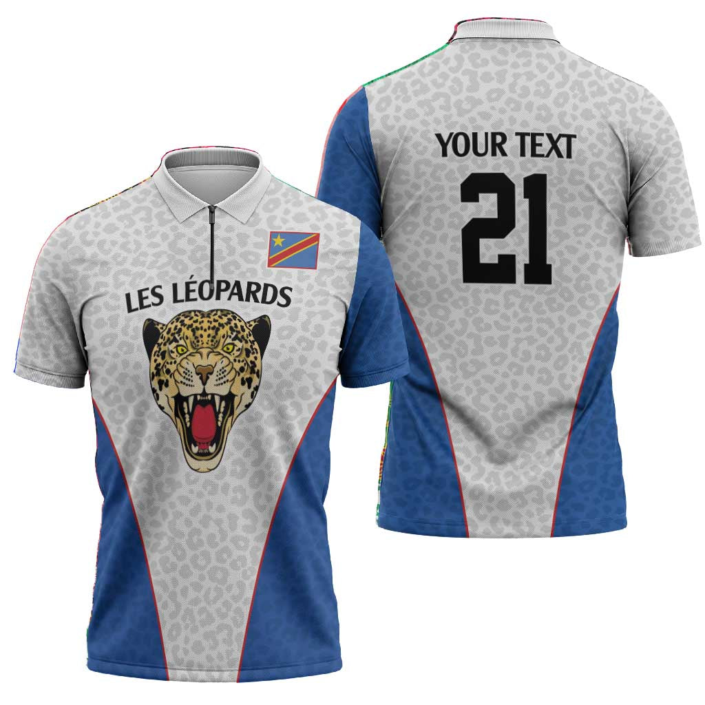 Africa DR Congo Football Custom Zipper Polo Shirt White Leopard Skin Pattern