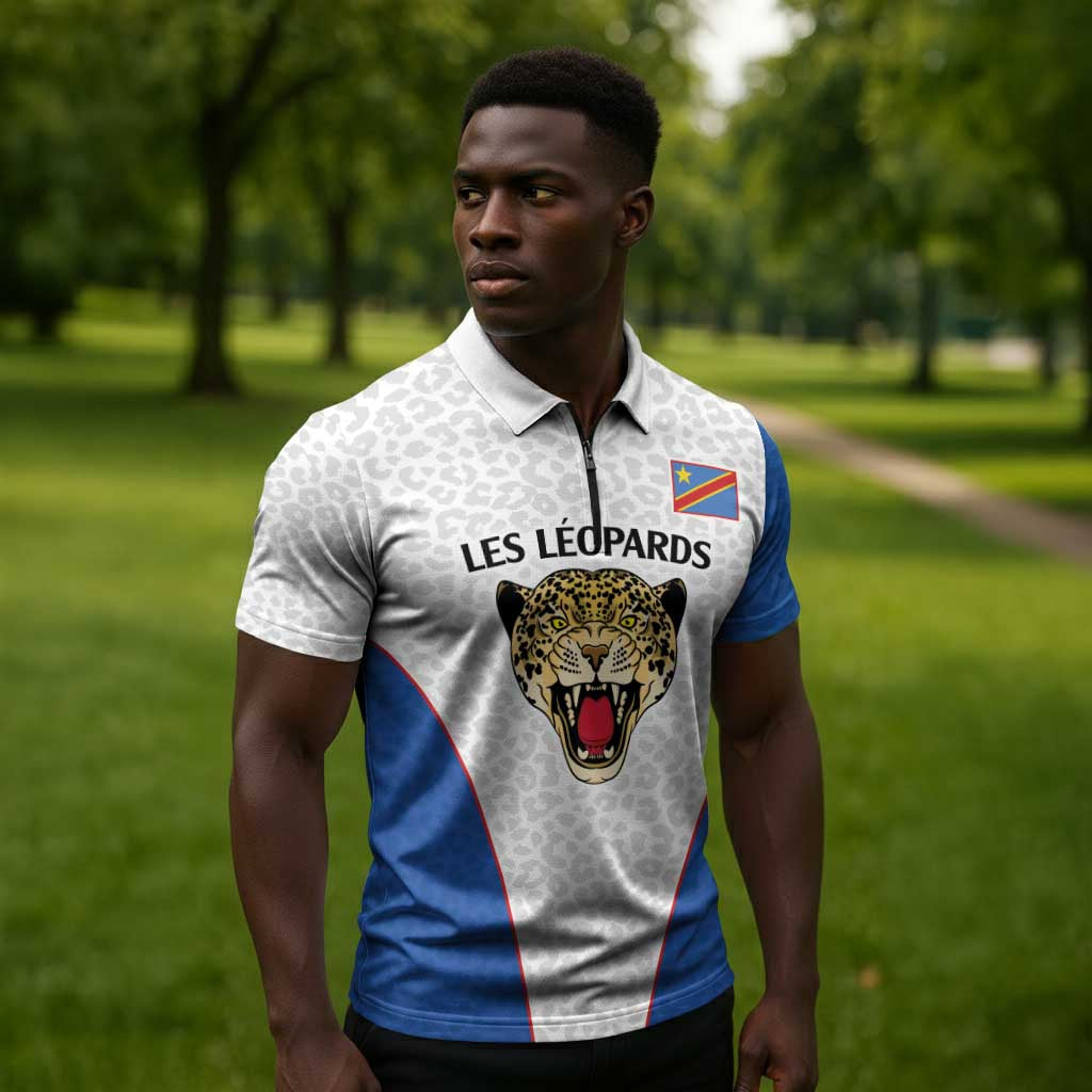 Africa DR Congo Football Custom Zipper Polo Shirt White Leopard Skin Pattern