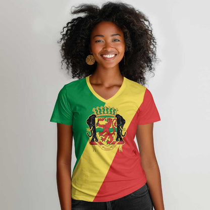Republic of The Congo Personalized Women V-Neck T-Shirt Simple Flag Style - African Pride