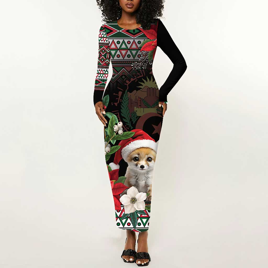 Algeria Christmas Personalized Long Sleeve Bodycon Dress Fennec Fox Santa and Traditional Pattern