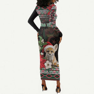 Algeria Christmas Personalized Long Sleeve Bodycon Dress Fennec Fox Santa and Traditional Pattern