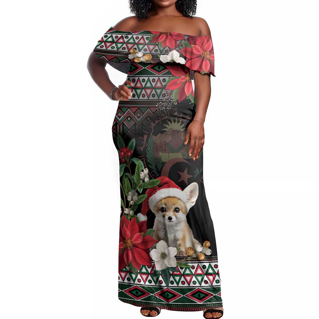 Algeria Christmas Personalized Off Shoulder Maxi Dress Fennec Fox Santa and Traditional Pattern