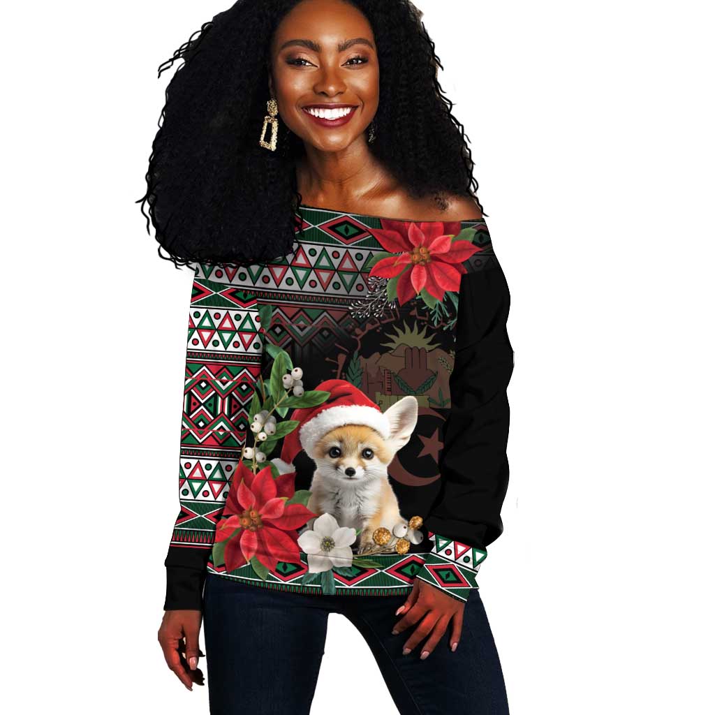 Algeria Christmas Personalized Off Shoulder Sweater Fennec Fox Santa and Traditional Pattern