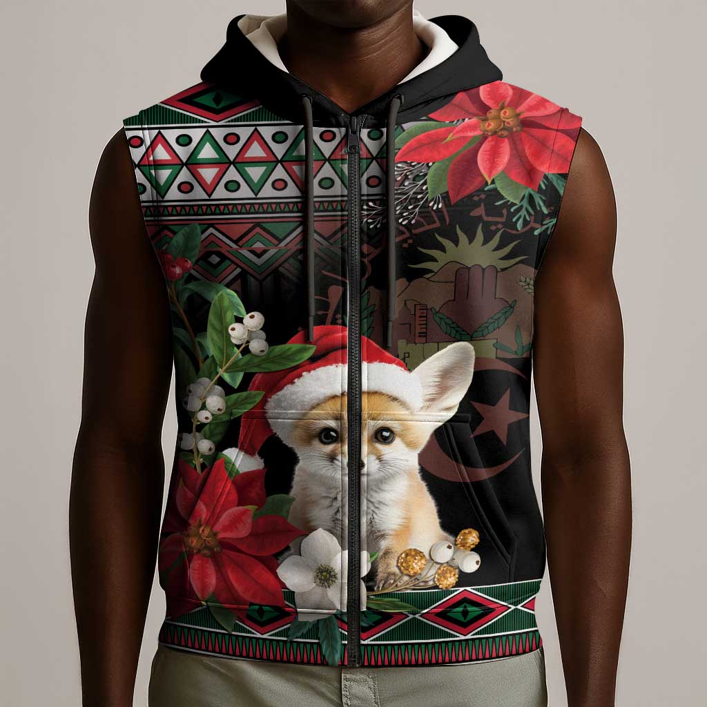 Algeria Christmas Personalized Sleeveless Zip Hoodie Fennec Fox Santa and Traditional Pattern - African Pride