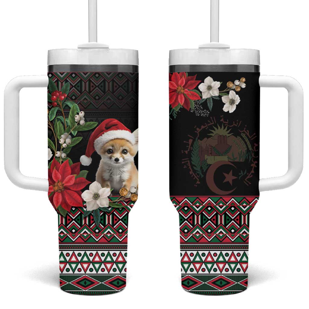 Algeria Christmas Personalized Tumbler With Handle Fennec Fox Santa and Traditional Pattern