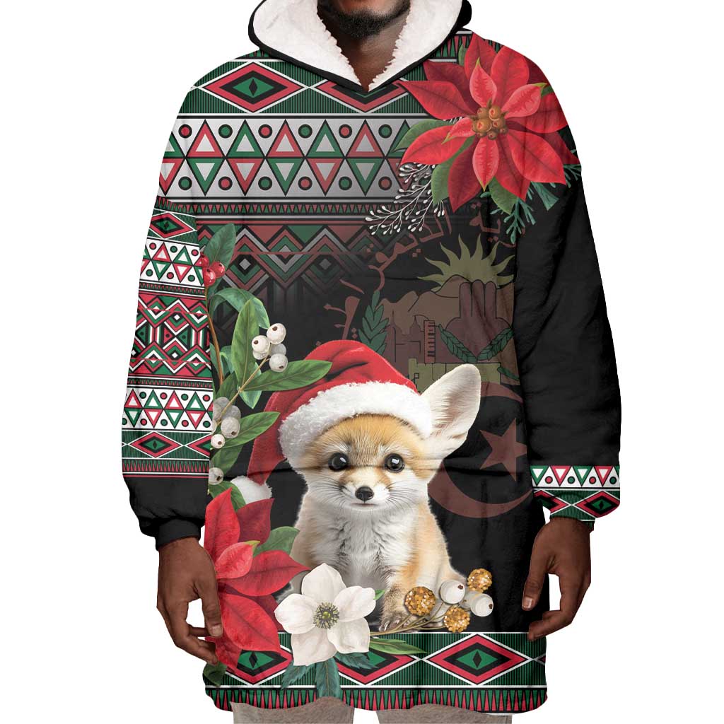 Algeria Christmas Personalized Wearable Blanket Hoodie Fennec Fox Santa and Traditional Pattern