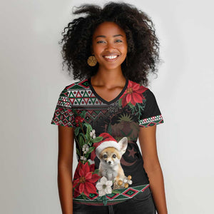 Algeria Christmas Personalized Women V-Neck T-Shirt Fennec Fox Santa and Traditional Pattern