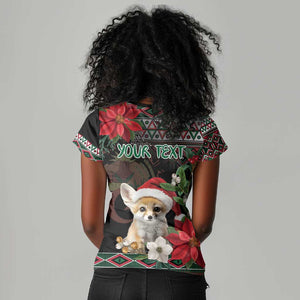 Algeria Christmas Personalized Women V-Neck T-Shirt Fennec Fox Santa and Traditional Pattern