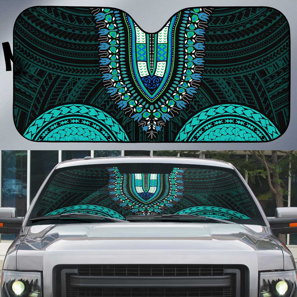 African Dashiki and Polynesian Pattern Auto Sun Shade Teal