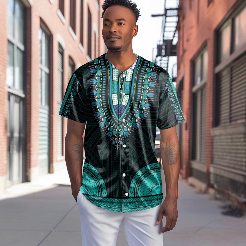 African Dashiki and Polynesian Pattern Baseball Jersey Teal
