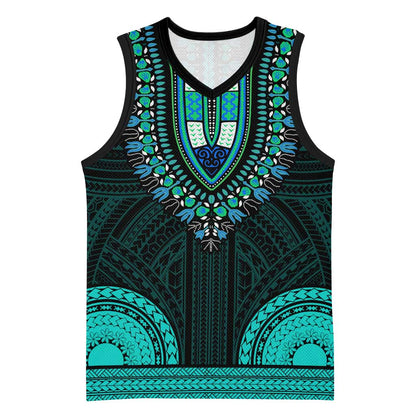 African Dashiki and Polynesian Pattern Basketball Jersey Teal LT9