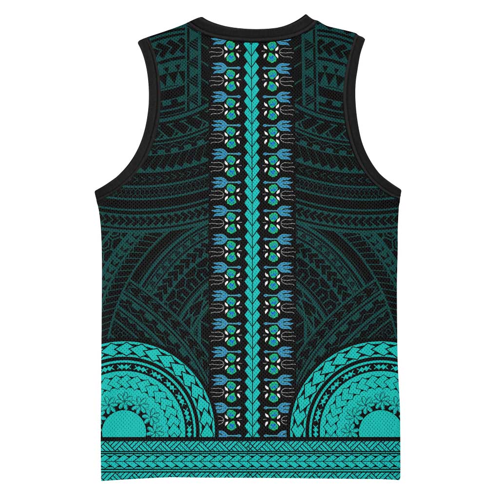 African Dashiki and Polynesian Pattern Basketball Jersey Teal LT9