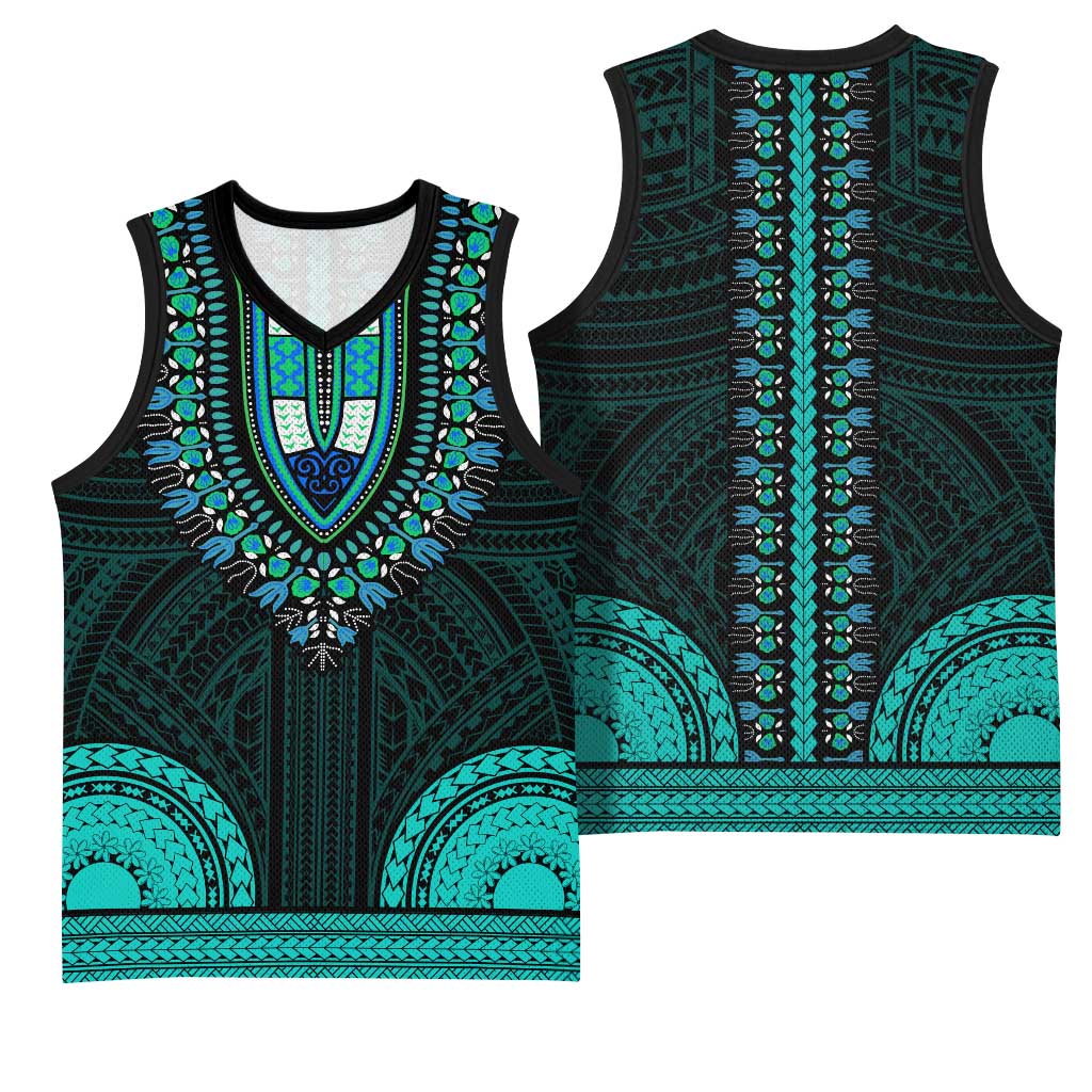 African Dashiki and Polynesian Pattern Basketball Jersey Teal LT9