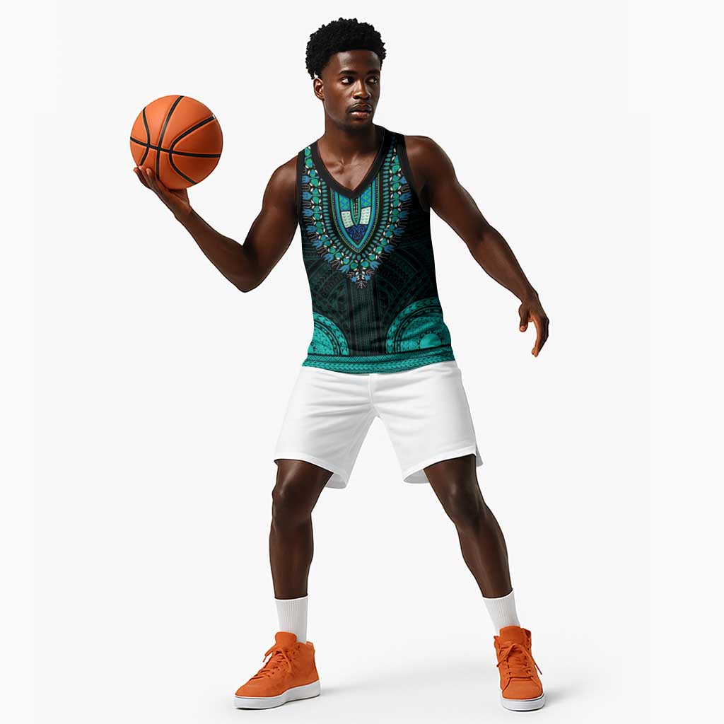African Dashiki and Polynesian Pattern Basketball Jersey Teal LT9