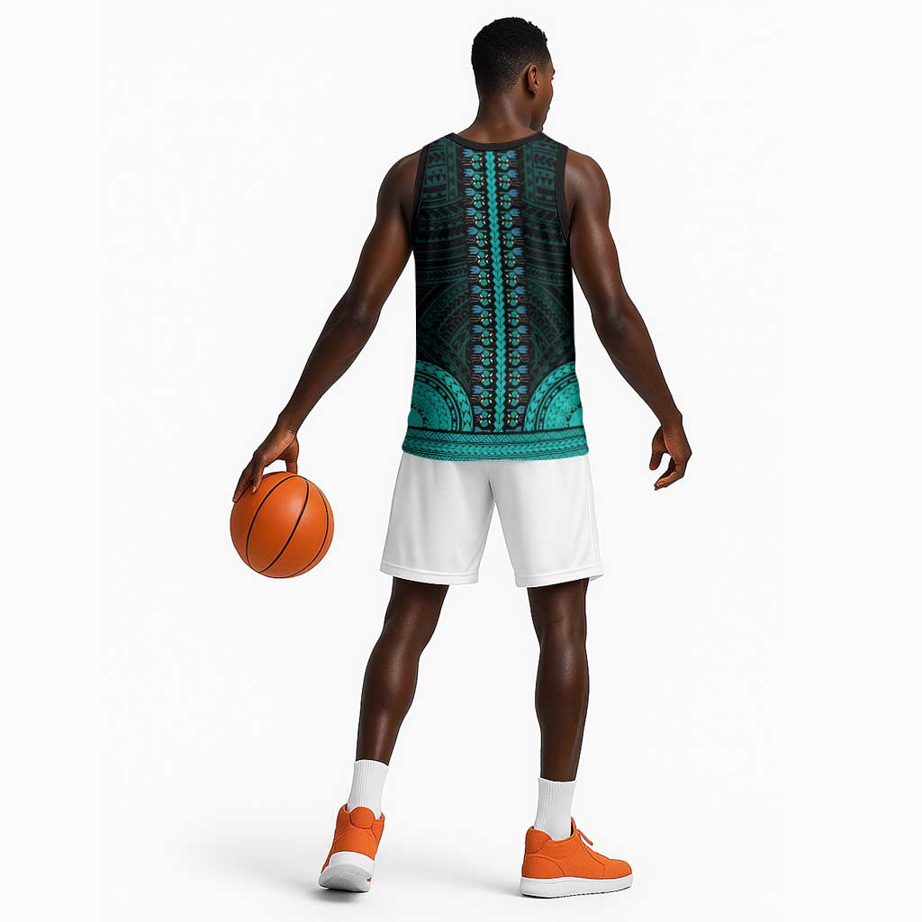 African Dashiki and Polynesian Pattern Basketball Jersey Teal LT9