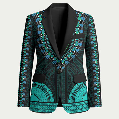 African Dashiki and Polynesian Pattern Blazer Teal